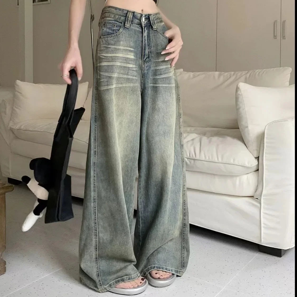 Vintage Wide-Leg Jeans Loose-Fit High-Waisted Slimming Casual Straight-Leg Long Pants Trendy On The Ground