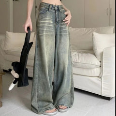 Vintage Wide-Leg Jeans Loose-Fit High-Waisted Slimming Casual Straight-Leg Long Pants Trendy On The Ground