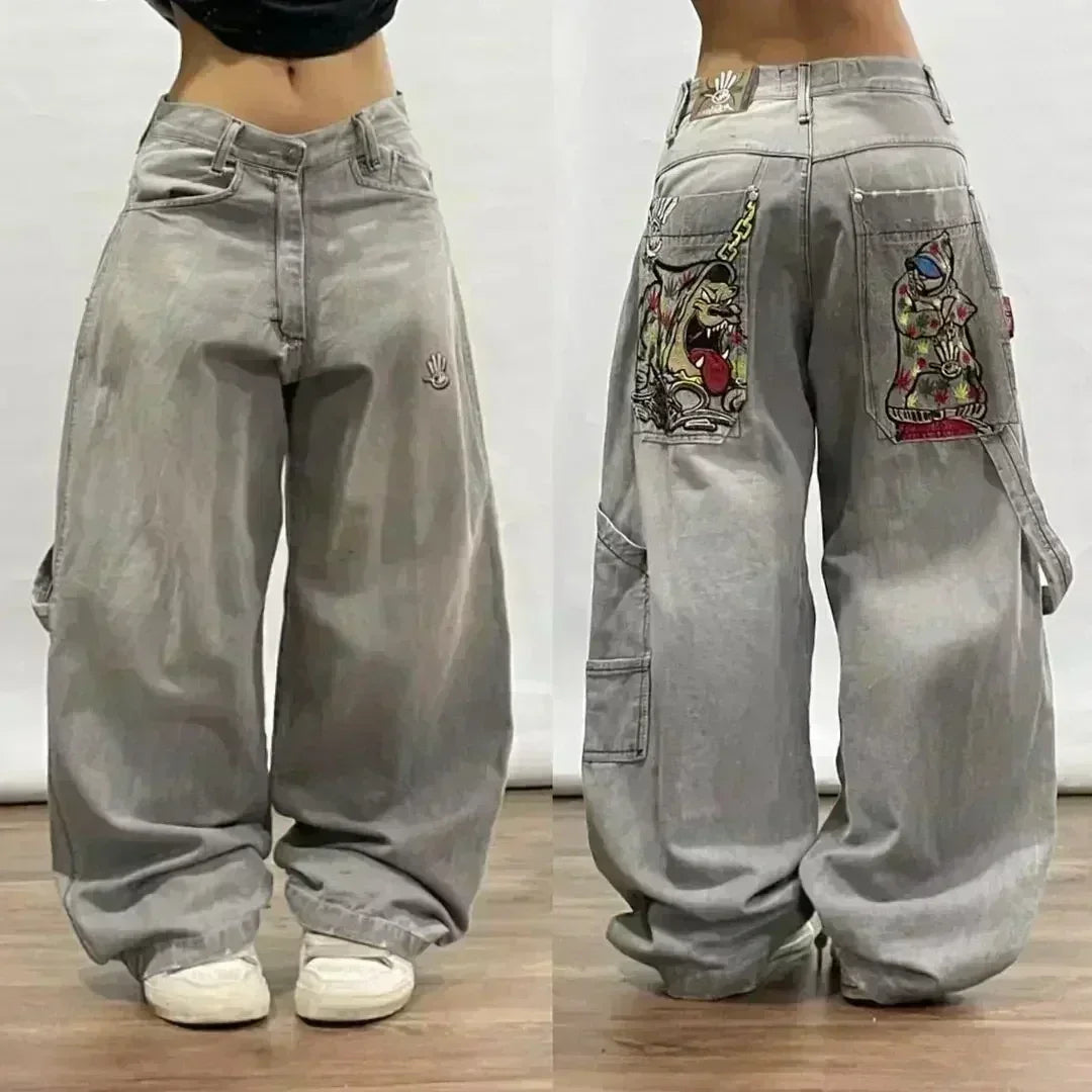 American Trend Joker Pattern Embroidered Loose Jeans Street Y2K Hip Hop Oversized Wide-leg Pants Unisex Jeans