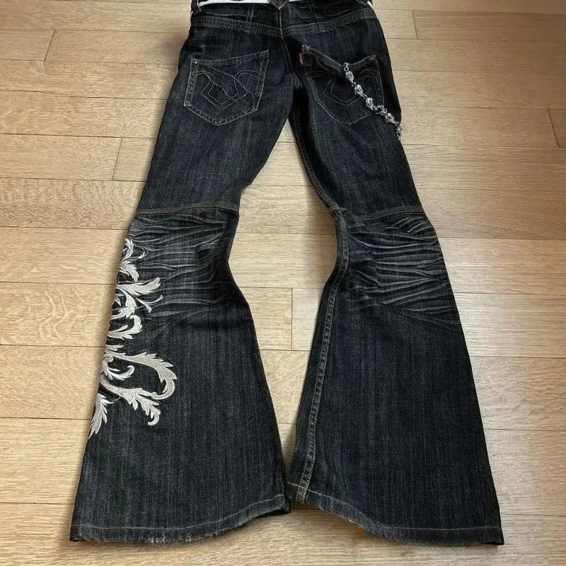 High Waist Harajuku Loose Embroidered Jeans with Rock Punk Style Y2K Micro La Retro Wide Leg Pants