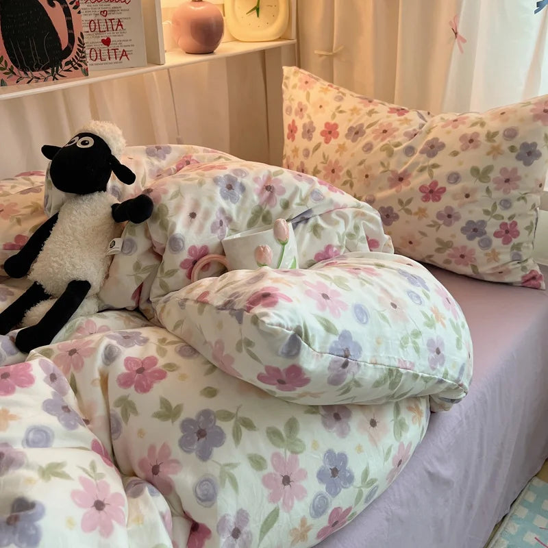Bedding Set Double Layered Yarn INS Girls Mushroom Soft Washed Cotton Bed Sheet Queen King Size Duvet Set Pillowcase Bed Sheet