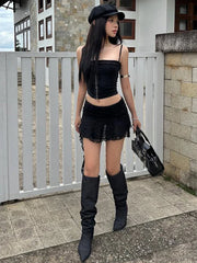 Weird Puss 2-Piece Set Zip Skinny Fungus Edge Camisole+Irregular Tassel Jacquard Skirts Matching Street Midnight Suit