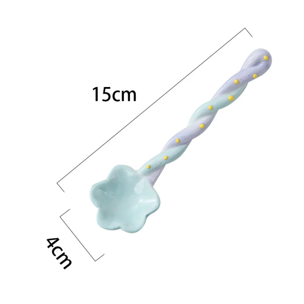 Ceramics Long Handled Spoon Instagram Style Household Stirring Spoon Hand Painted Flower Shaped Coffee Spoon
