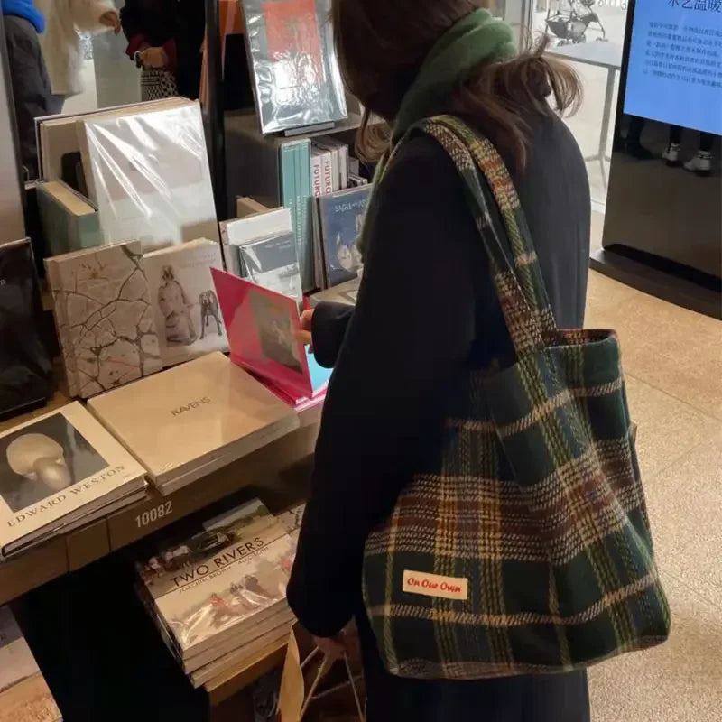 Bag Korean Vintage Square Plaid Zipper SOFT Shoulder Bag Handbag Purse Preppy Style Girls Bag