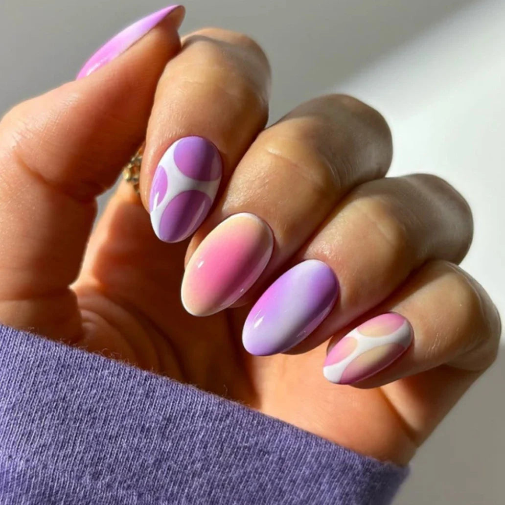 Pink Yellow Halo Dyeing Flower Water Ripple False Nails Leopard Long Pointed Fake Nails Art Press on Nails Charm Manicure