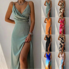 Print Dress Camisole V Neck Sleeveless A Line Long Dresses Spaghetti Strap Evening Skirt Prom Vestidos