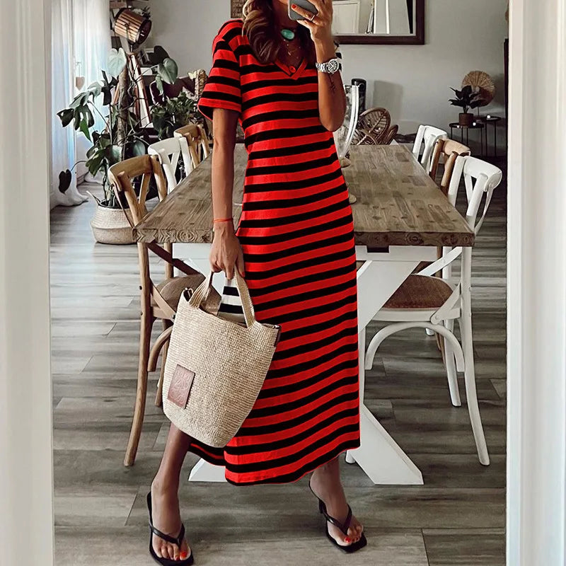 loose striped printed long dress with slits on both sides