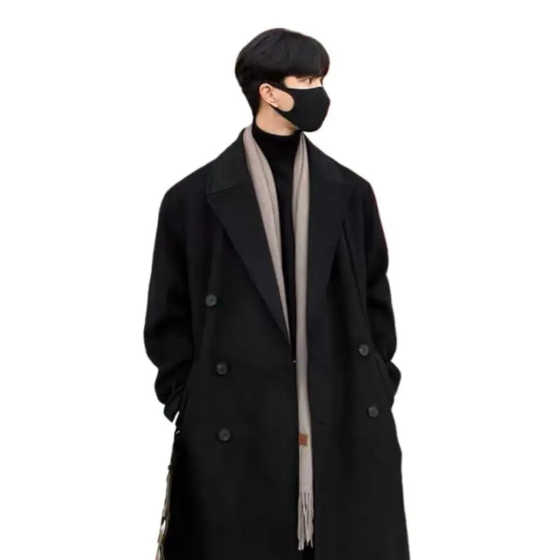 Trench Black Thick Woolen Trench Coats Korean Style Male Casual Trenchcoat Streetwear Windbreaker