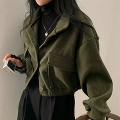 Loose Woolen Coat Large Size with Pockets Small Stand Collar Long Sleeve Button Hong Style Clothing