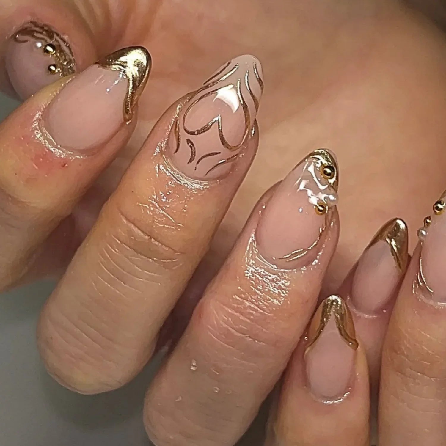 24pcs Golden Lines Patterns False Nails Dark Purple Blush French Fake Nails