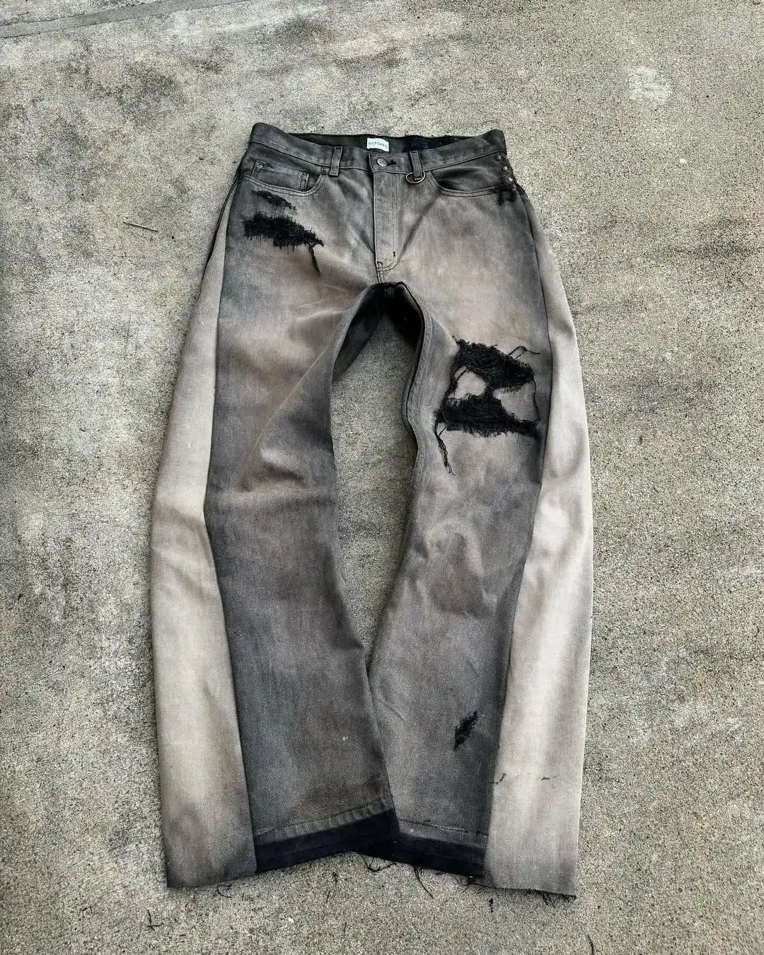 American Hip Hops Jeans High Waist Frayed Patchwork Embroidery Micro Flared Jeans Street Clothing Loose Floor Pants