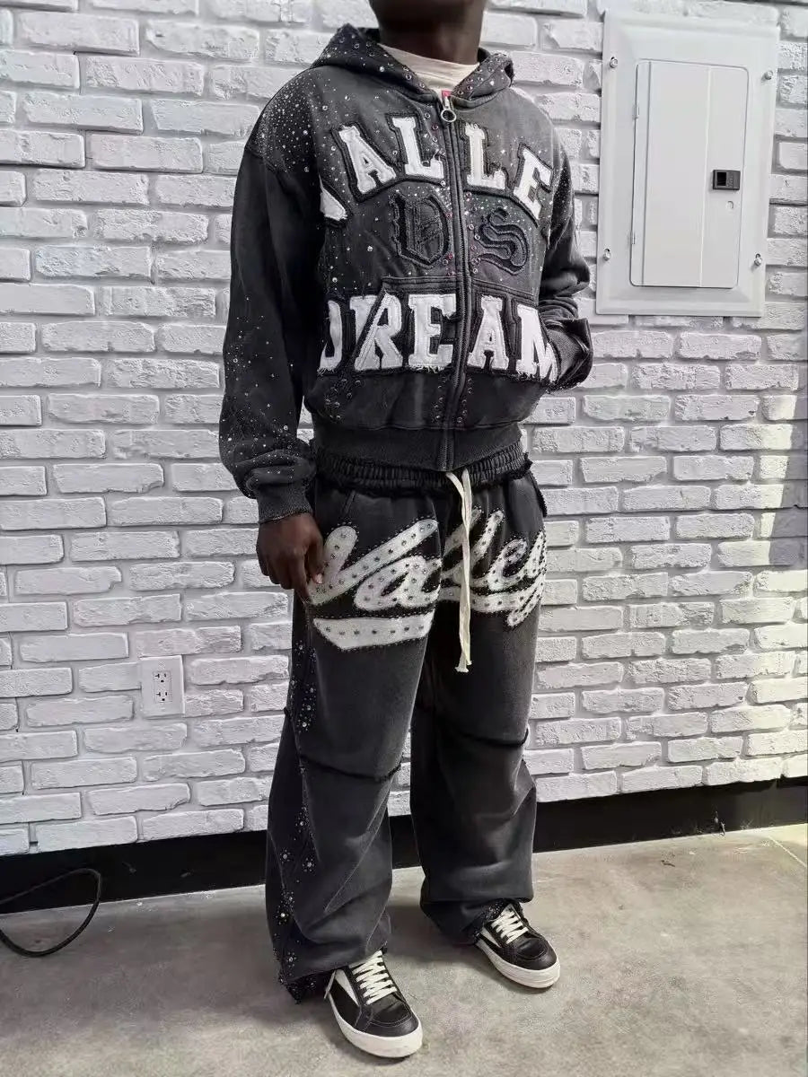 Y2K American Gothic Punk Sportswear Two Piece Set Unisex Hip Hop Rock Patch Print Loose Zip Hoodie Casual Sweatpants