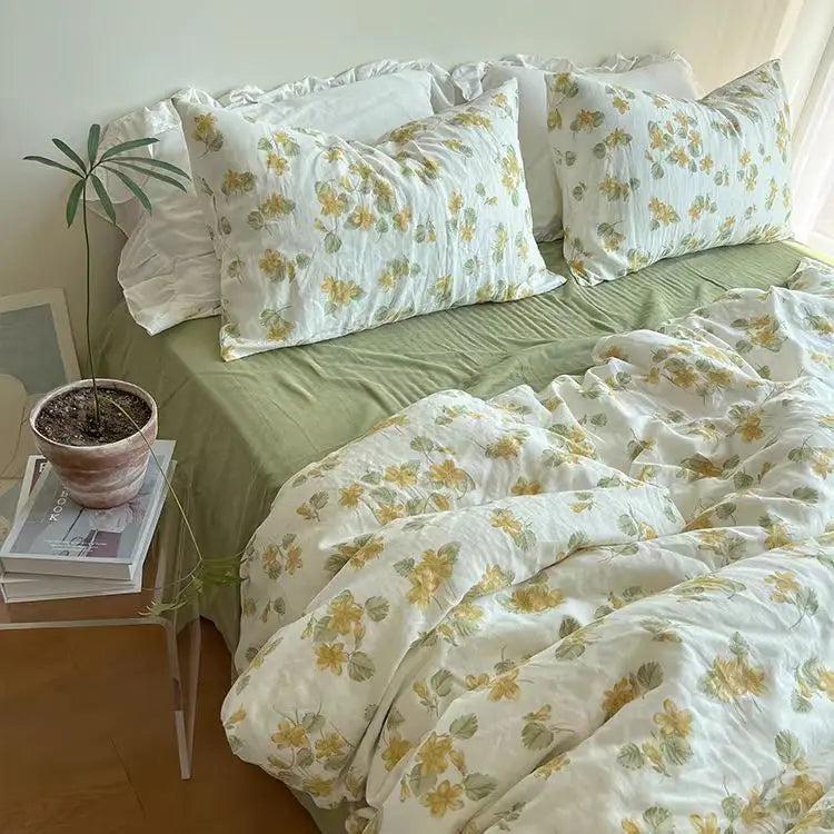 Floral Duvet Cover Set with Flat Sheet Pillowcase No Filler Girls Twin Full Queen Size Korean Soft Bedding Set