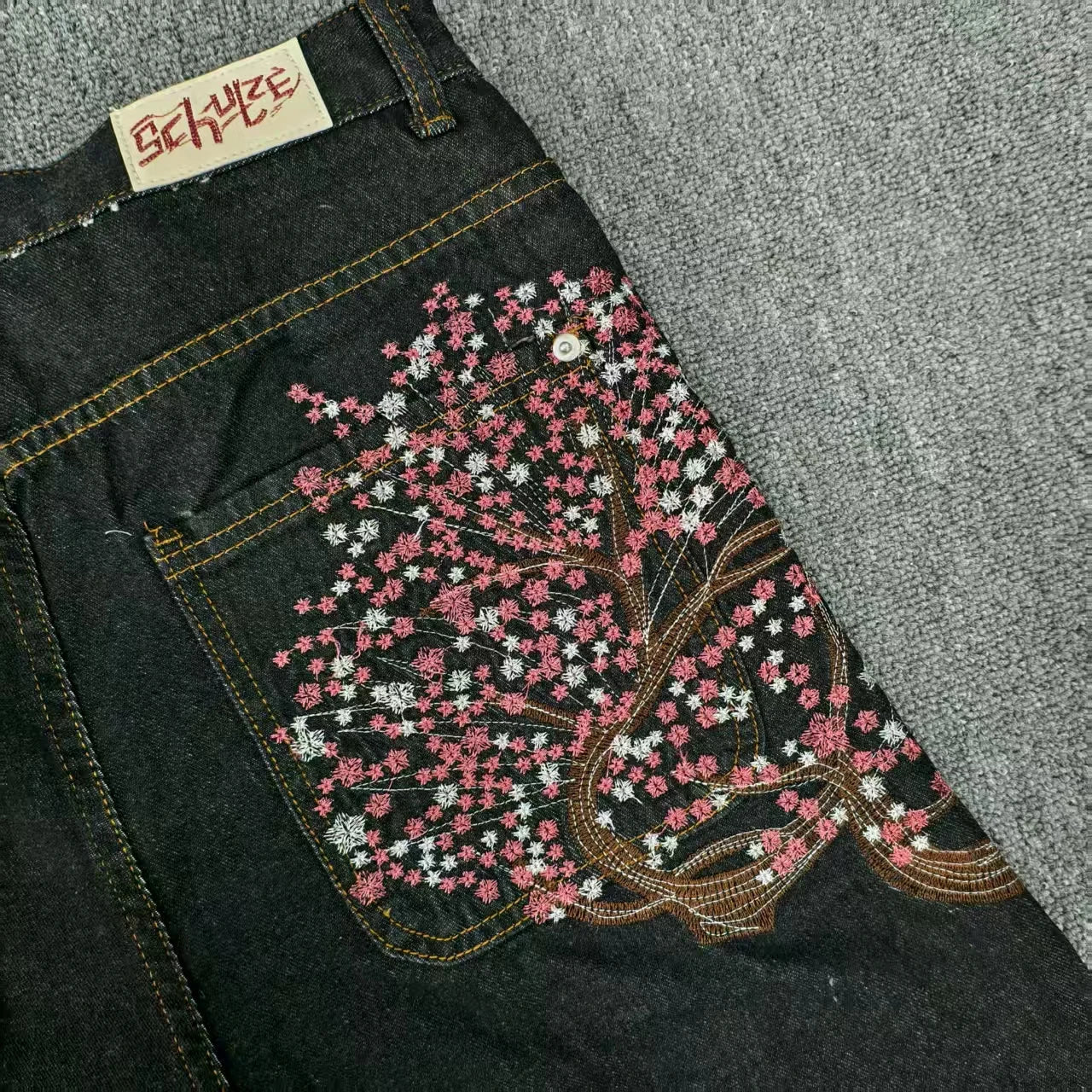 Y2K 2000s Cherry Blossom Pocket Embroidery Hip Hop Loose