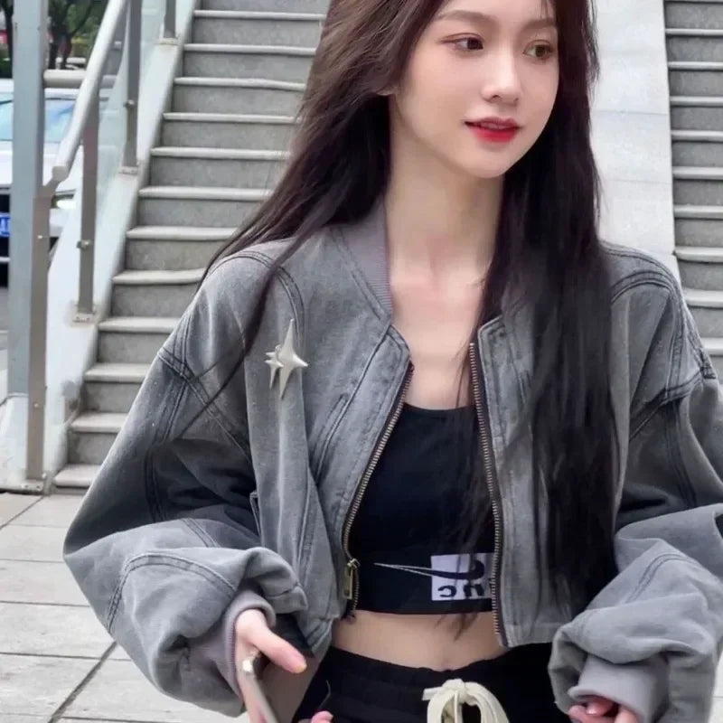 Grey Denim Jackets Y2k Cross Crop Oversize Zip Jackets Coat Hippie Streetwear 90s Harajuku Clothing
