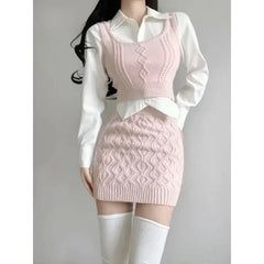 Suite Niche Korean Style Sweatervest Skirt Set Three Piece Single Piece Ins Overlay