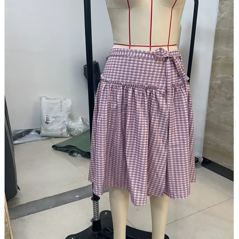 Vintage 2000s Plaid Skirts Casual Tie-Up Low Waist Tiered Ruffles Hem A-Line Midi Skirts Streetwear