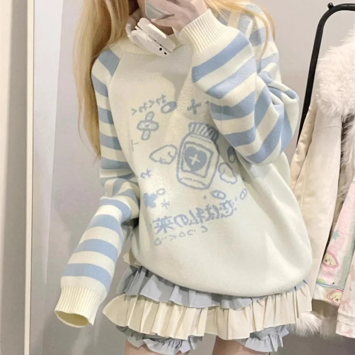 Striped Zipper Y2k Subcultural Long Sleeve Sweater Round Neck Preppy Style Sweet Loose Kawaii Knitted Top