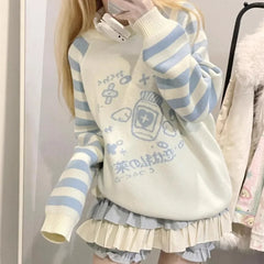 Striped Zipper Y2k Subcultural Long Sleeve Sweater Round Neck Preppy Style Sweet Loose Kawaii Knitted Top