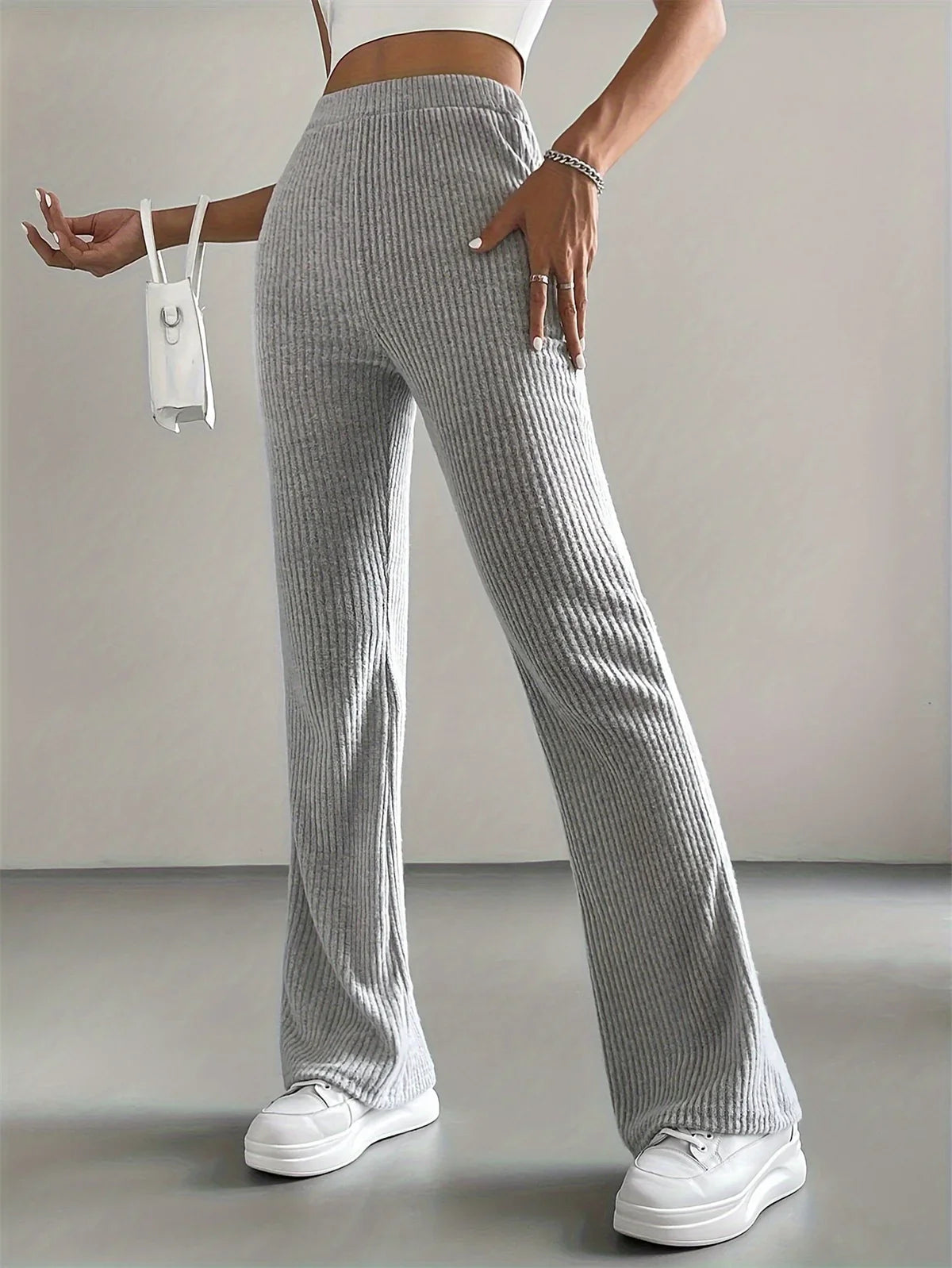 Ribbed Knitted Flare Pant Fashon Slim Solid High Waist Trousers Casual Street Vintage Chic Pants