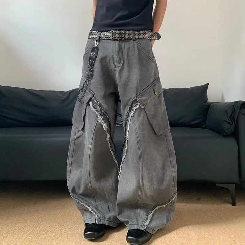/Korean Vintage Splicing Hairy Zipper Micro Horn Jeans Loose Straight Leg Pants High Street Jeans
