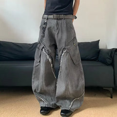 /Korean Vintage Splicing Hairy Zipper Micro Horn Jeans Loose Straight Leg Pants High Street Jeans