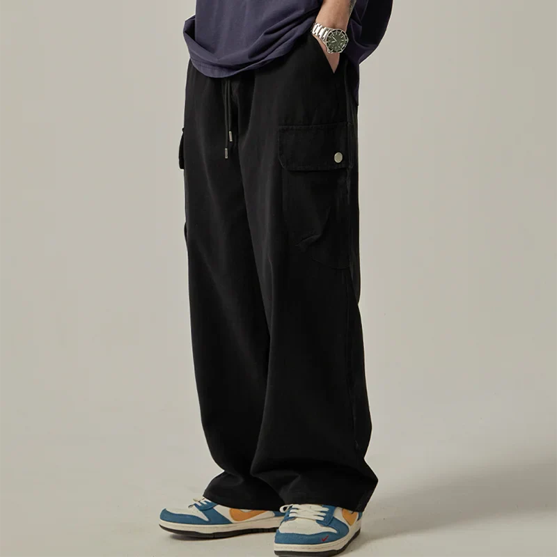 Sweatpants Vintage Japanese Wide Leg Straight Loose Button Big Pockets Cargo Pants Drawstring Trousers