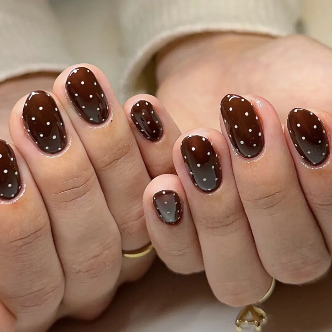 Dark Brown White Polka Dot Wearable Nail Art Fall Chic Fake Nails Detachable Finished False Nails Press on Nails