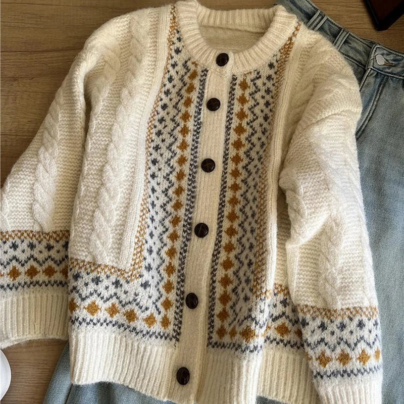 Vintage Jacquard Knit Cardigan Loose Casual Lazy Wind Print Button Pullovers Korean Long Sleeve Baggy Outwear