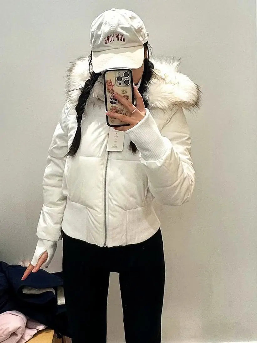 American Retro Pink Fur Collar Hooded Short Cotton Coat High Street Fur Collar Hooded Cotton Coat Jacket Women