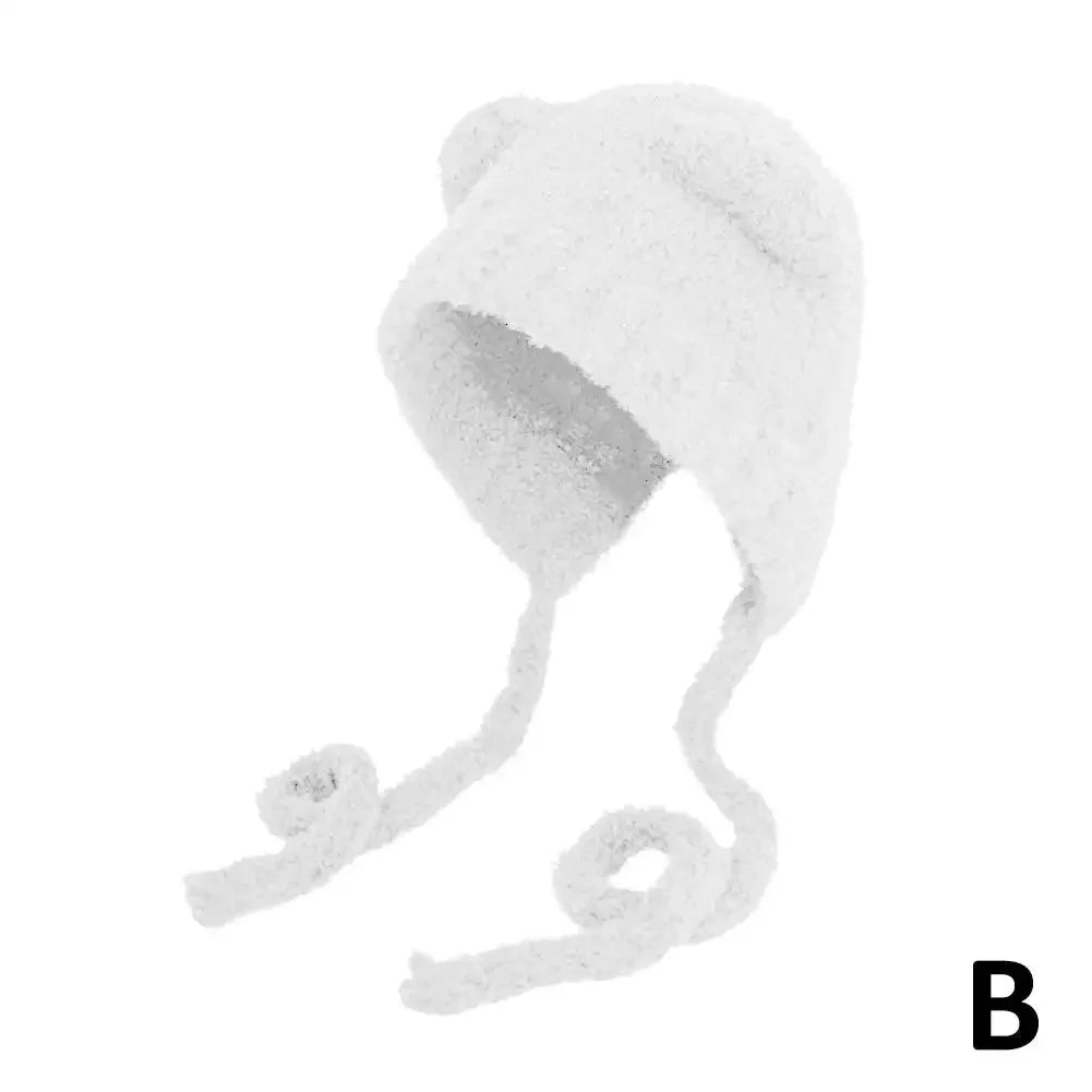 Plush Beanies Cute Bear Ear Wool Hat Warm Lace-up Gorros Knitting Cap Bonnets Protection Bomber Korea Ear Knit X4L2