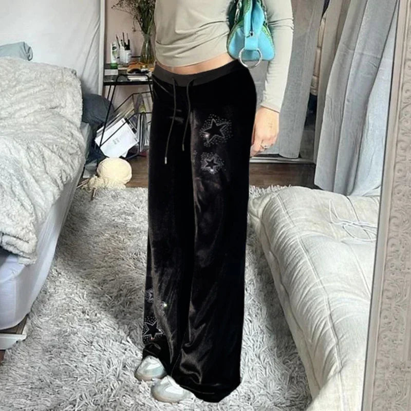 Rhinestones Star Velvet Flared Pants Y2K High Waist Baggy Sweatpants Jogging Casual Basic Boot Cut Trousers