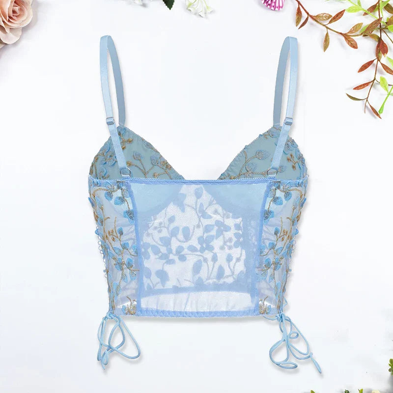 Blue Camisole Vest Bra Embroidery Flower Corsets Slim Fit Versatile Lady Corset Top Lace Rayon Ultra-Thin Thick Bra