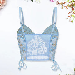 Blue Camisole Vest Bra Embroidery Flower Corsets Slim Fit Versatile Lady Corset Top Lace Rayon Ultra-Thin Thick Bra