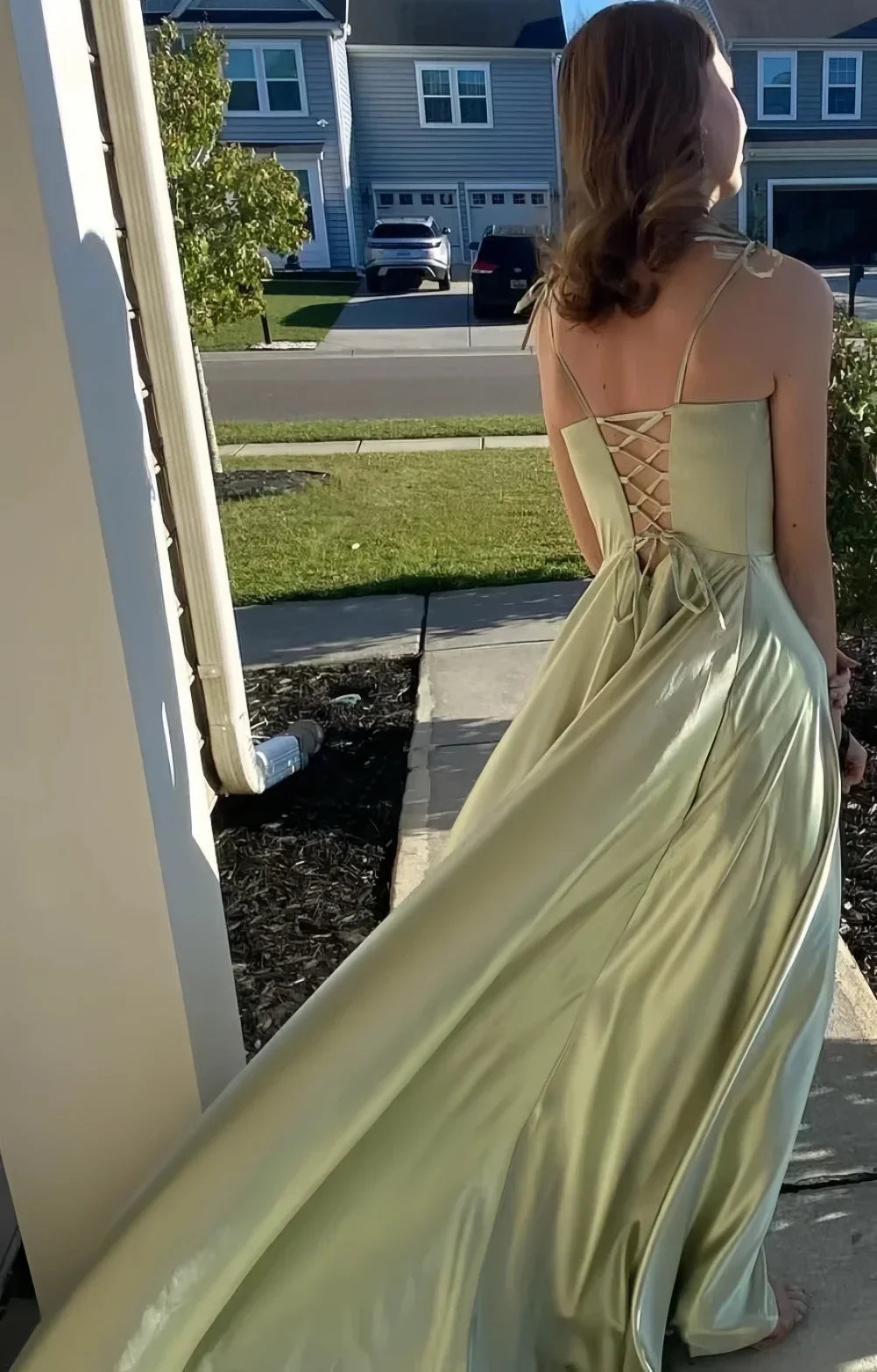 Satin Prom Dresses Pockets Draped Neck Long