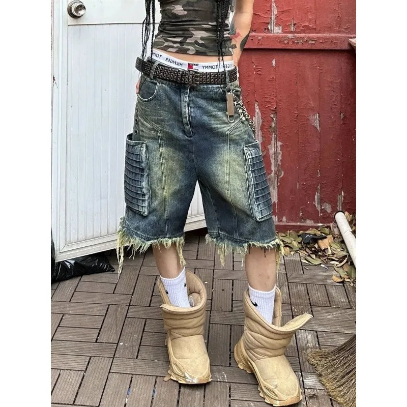 Trendy American Retro Oversized Big Pocket Workwear Cropped Pants