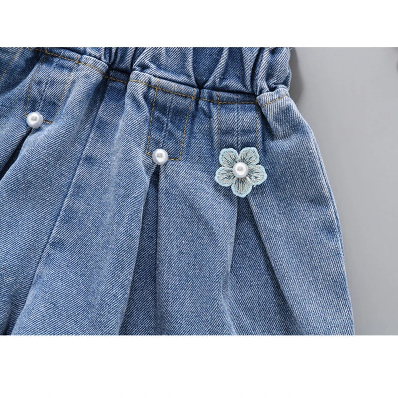 Girls Denim Shorts Korean Children's Pleated Jeans 4-12Years Teens Girls Short Jeans Pearl Decoration