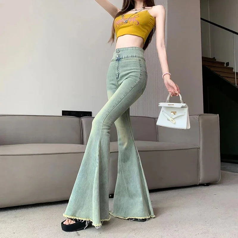 Lucyever Skinny Flare Jeans Vintage Slim Fit High Waist Denim Pants Y2K Streetwear Wide Leg Trousers