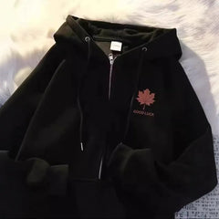 Style Maple Leaf Print Unisex Oversized Versatile Zipper Casual Outerwear Polyester Comfortable Leisure Coat