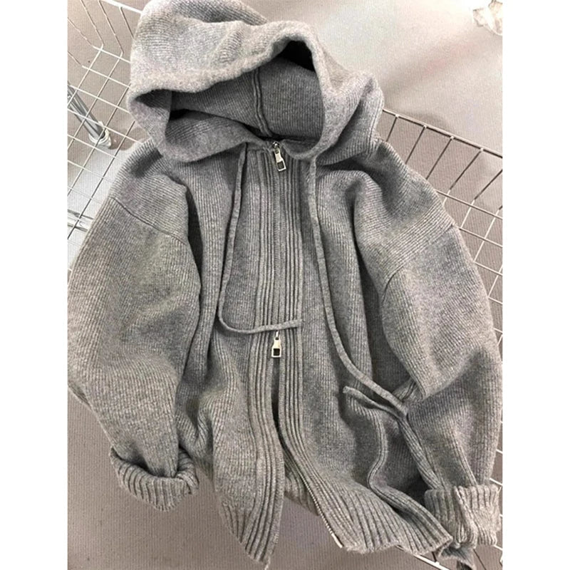 Hooded Knitted Cardigan Korean Zipper Sweater Outerwear Long Sleeve Knitwear Streetwear Casual Jumpers New