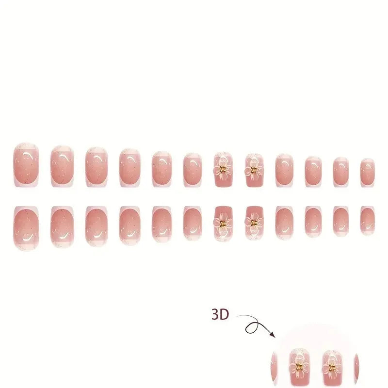 24Pcs Short Square French Nail Tips 3D Embossed Flower Decoration Removable Wearable Press on Nails