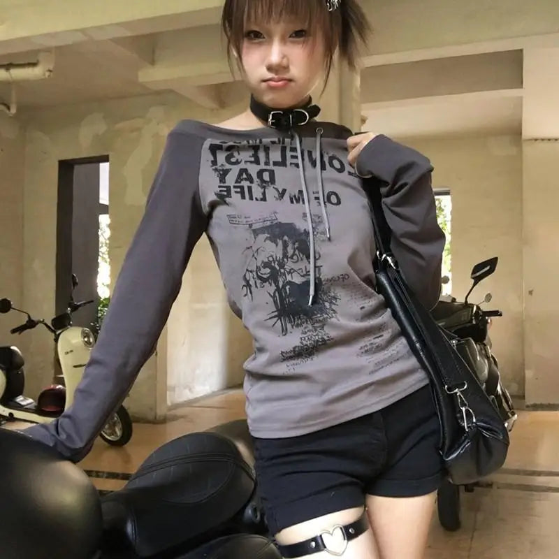 Karrram Japanese Y2k Off Shoulder T-shirt Grunge Aesthetics Graffiti Print Long Sleeve Tee Shirt Vintage Harajuku Streetwear 90s