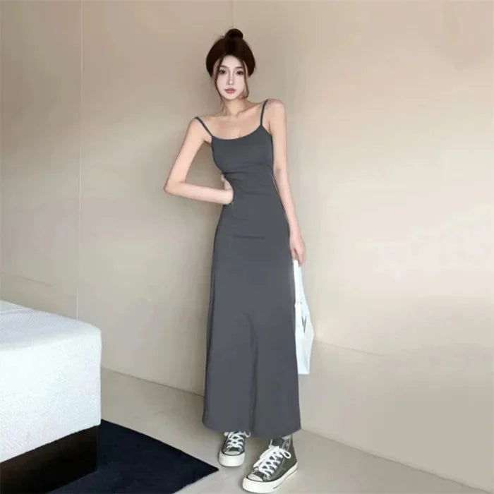Elastic Tank Dress Sleeveless Off-The-Shoulder Waist-Fitted Slimming Long Dress Off-Shoulder Base Layer