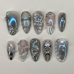 Red Y2K Wearable Nail Art Chic Silver Butterfly Love Metal Bead Almond False Nails Detachable Finished Fake Nails Press on Nails