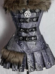 Gothic Retro Fur Trim Corset Design Suit Y2k Slim Lolita Elegant 2 Piece Sets Korea Style Chic Outfits