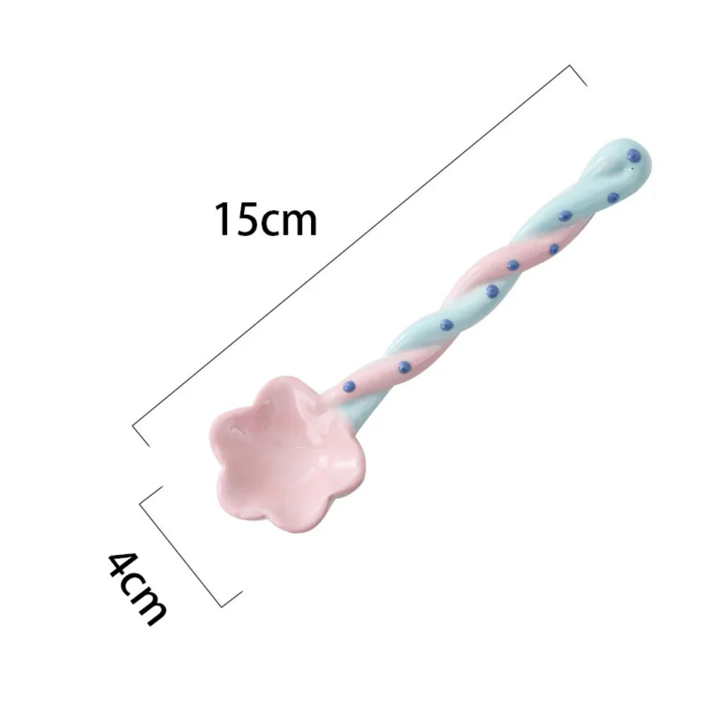 Ceramics Long Handled Spoon Instagram Style Household Stirring Spoon Hand Painted Flower Shaped Coffee Spoon