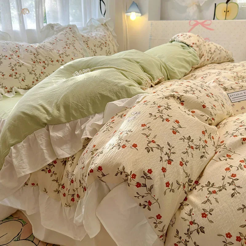 1.5/1.8 Korean Style 100% Cotton Fitted Sheet Sets with Lace Flower Print Bedding Set