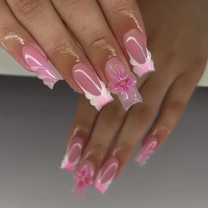 24pcs Rhinestones Full Cover Nail Art Datachable Glitter French Press on Nails Tip Flower Long Square Fake Nail Pink False Nails