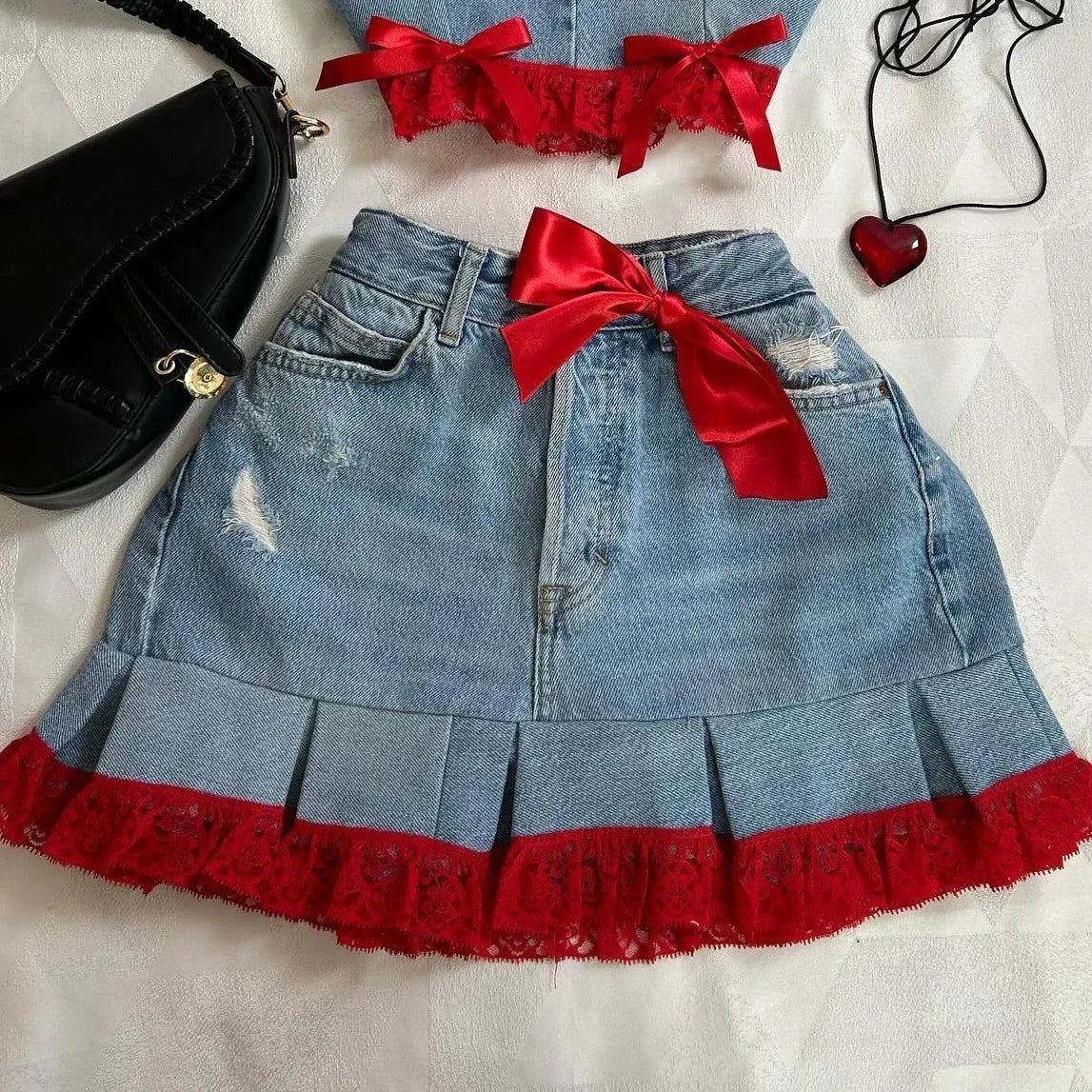 Y2K Black Leather Spliced Denim Two Piece Set Harajuku Zipper Long Sleeved Jacket Pleated Skirt Motorcycle Suit