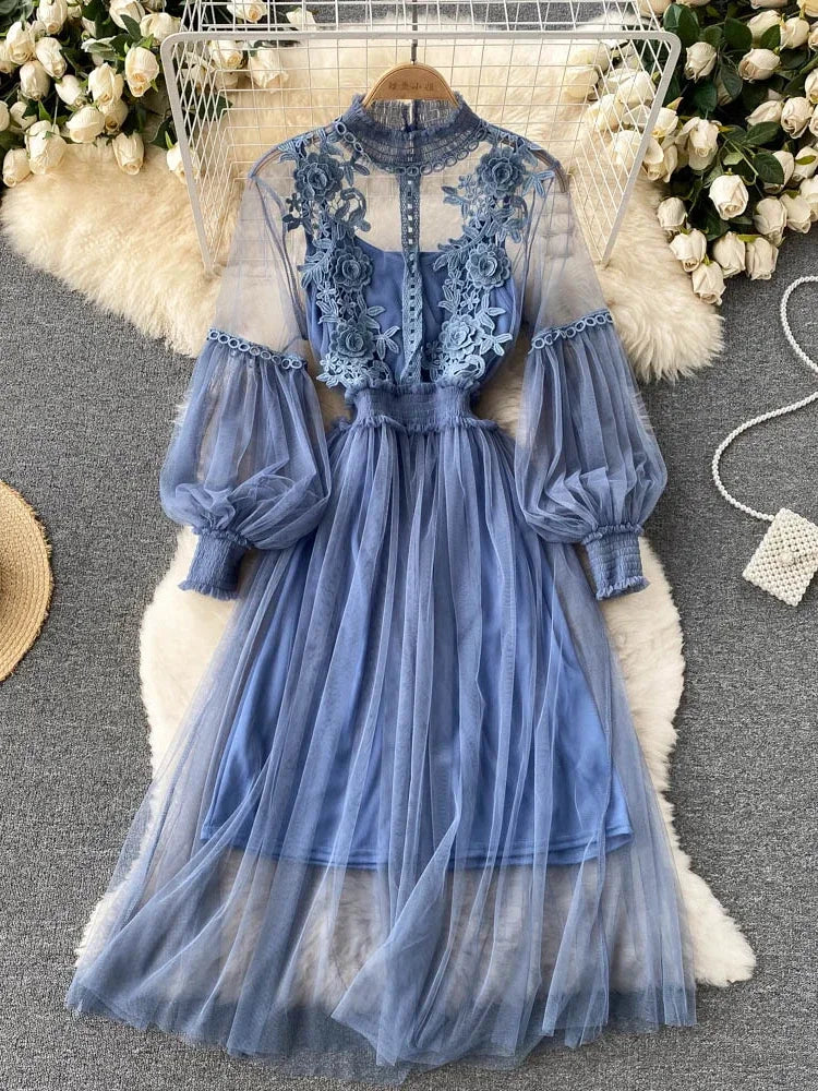 Ladies Dress Three-dimensional Flower Hook Mesh Temperament Stand Collar Lantern Sleeve High Waist Slim Dresses